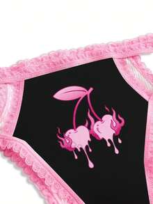 2 件套心形、樱桃、火焰印花女士吊带背心和丁字裤内衣套装，Y2K 风格 - 彩色 - 查看 3