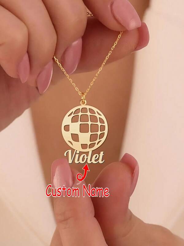 1 pieza Collar con colgante de bola de discoteca personalizada - Colgante de acero inoxidable dorado con grabado personalizado "Púrpura", joyería de estilo vintage para festivales de música y bares de karaoke, estilo de moda hip hop