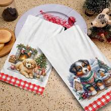 2/4/48 piezas Toallas de cocina navideñas vintage - Toallas de plato y mano ultra suaves y absorbentes de poliéster con diseño de perro lindo y cuadros rojos y blancos a cuadros búfalo - Perfectas para decoración navideña y regalos de Año Nuevo
