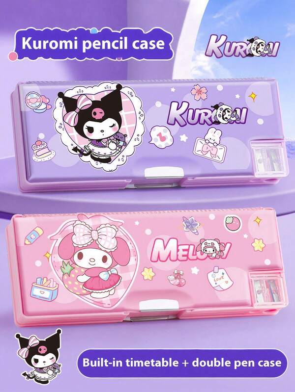 Sanrio 1pc Sanrio Kuromi Melody Stationery Set, Large Capacity Student Double Sided Pencil Box, Pencil Eraser Storage Box, Cute Cartoon Character Design, Suitable For Girls And Boys' School Supplies, Family And Friends Gifts, Halloween And Christmas Gifts, Waterproof And Stainproof, Suitable For School And Office Use, Perfect For Back To School Gifts