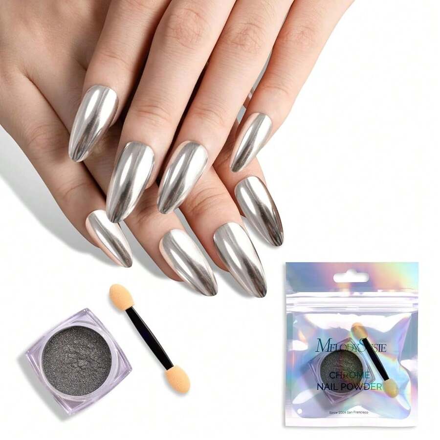 Sliver Chrome Nail Powder For Gel Nails,Metallic Mirror Effect Pigment Stylish And Technological Silver Fine Glitter For Home DIY Salon Use{"Color_name":"Sliver"} - 銀條 - 查看 1