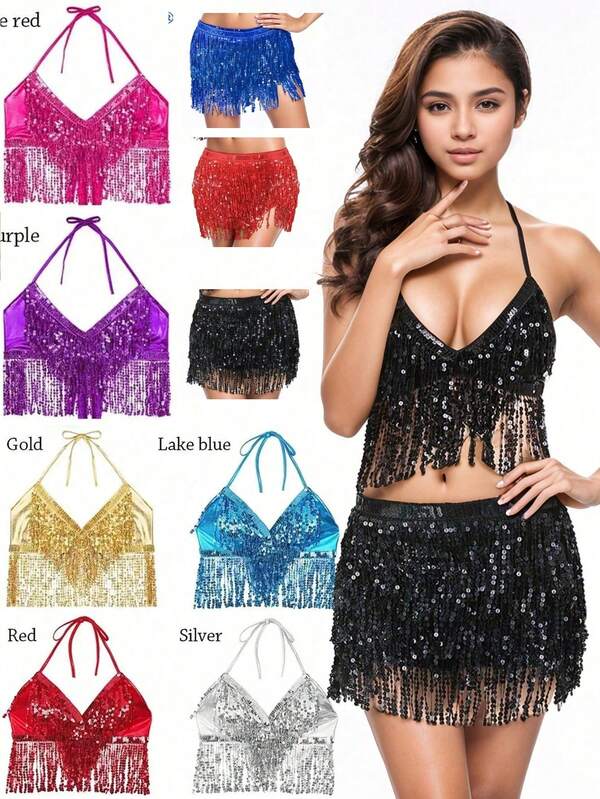 Women's Belly Dance Can Choose Sequin Tassel Top + Sequin Tassel Hip Scarf Set - You Can Also Choose A Single Top Carnival Club Is Suitable For Carnival Dance Carnival Party