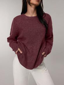 FOR BEAUTY 秋冬新款纯色简约圆领长袖休闲宽松针织衫，时尚宽松通勤套头毛衣，女士新年情人节礼物 - 酒紅色 - 查看 4