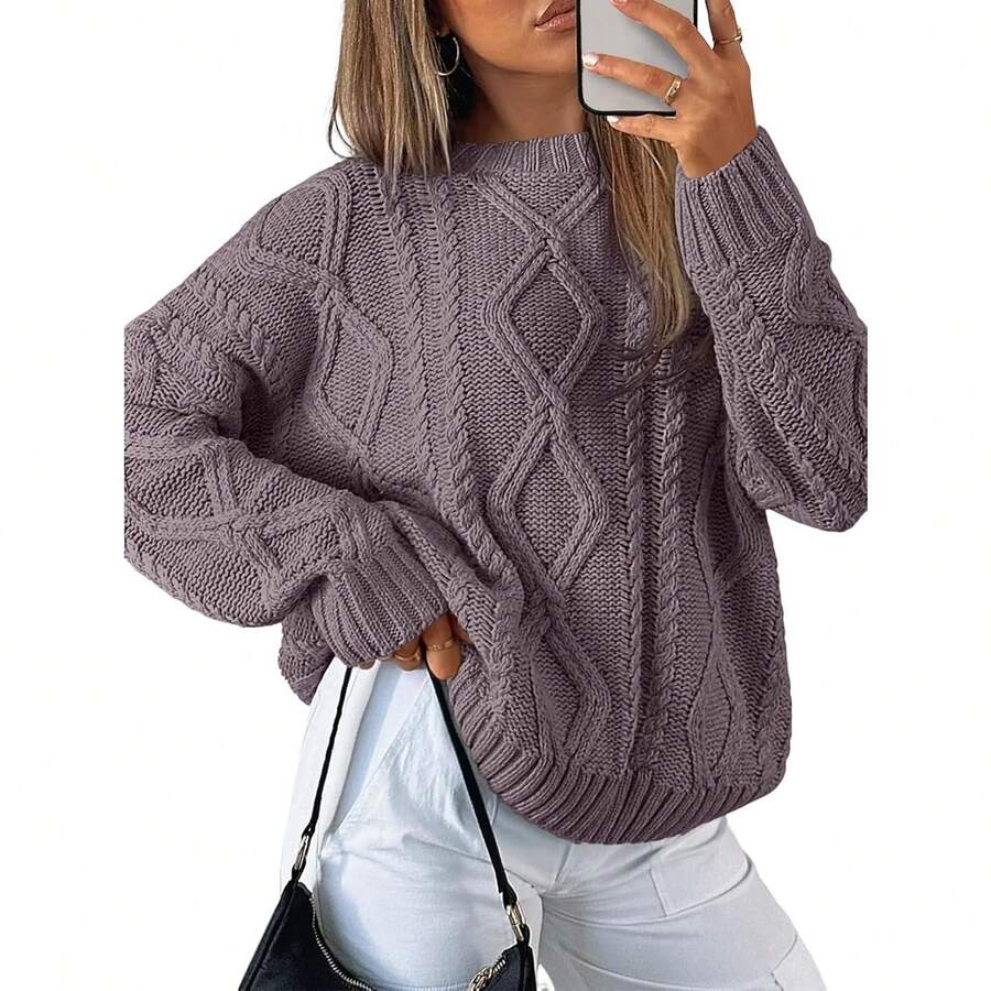 2025  Women's Oversized Cable Knit Crewneck Sweaters - 淡紫褐色 - 查看 1