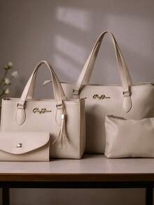 Kit 4 Anjik Medium Women's Bags + Wallet + Tote Bag + Toiletry Bag, Zipper Closure, Synthetic PU, Everyday Bag, Luxurious, Elegant, Party, Work, School, University. Gaby Show - 米色 - 查看 2