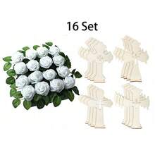 4/8/16 件套木制十字架工艺品，洗礼桌装饰，带底座的立式木制十字架和人造花、玫瑰，初领圣体中心装饰品，婚礼，婴儿派对，生日装饰 - 米色 - 查看 12