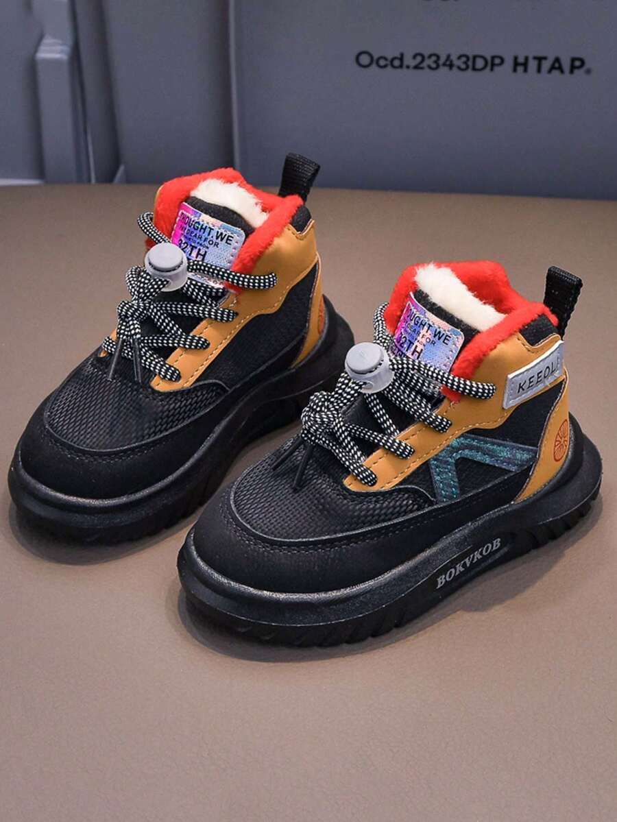 1 Pair Children's High-Top Leather Waterproof Casual Sports Shoes, Boys/Girls Warm Plush Outdoor Student Boots, Snow Boots