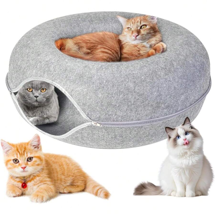 AKASENKO Cama deúnel para Gatos, Nido para Gatos Disponible en Las Cuatro Estaciones, Tubo Redondo Desmontable de Fieltro, con Mirilla, Adecuado para Mascotas pequeñas. (Gris, 50 * 50 * 20) - Gris - Ver 1