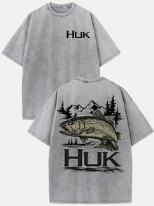 (230g T-Shirt)Men's Distressed Cotton Retro Huk Marlin Graphic Tee, Loose Casual Crewneck Short Sleeve, Breathable Vintage Fishing Top & Christmas Gift Option - Grey - View 1