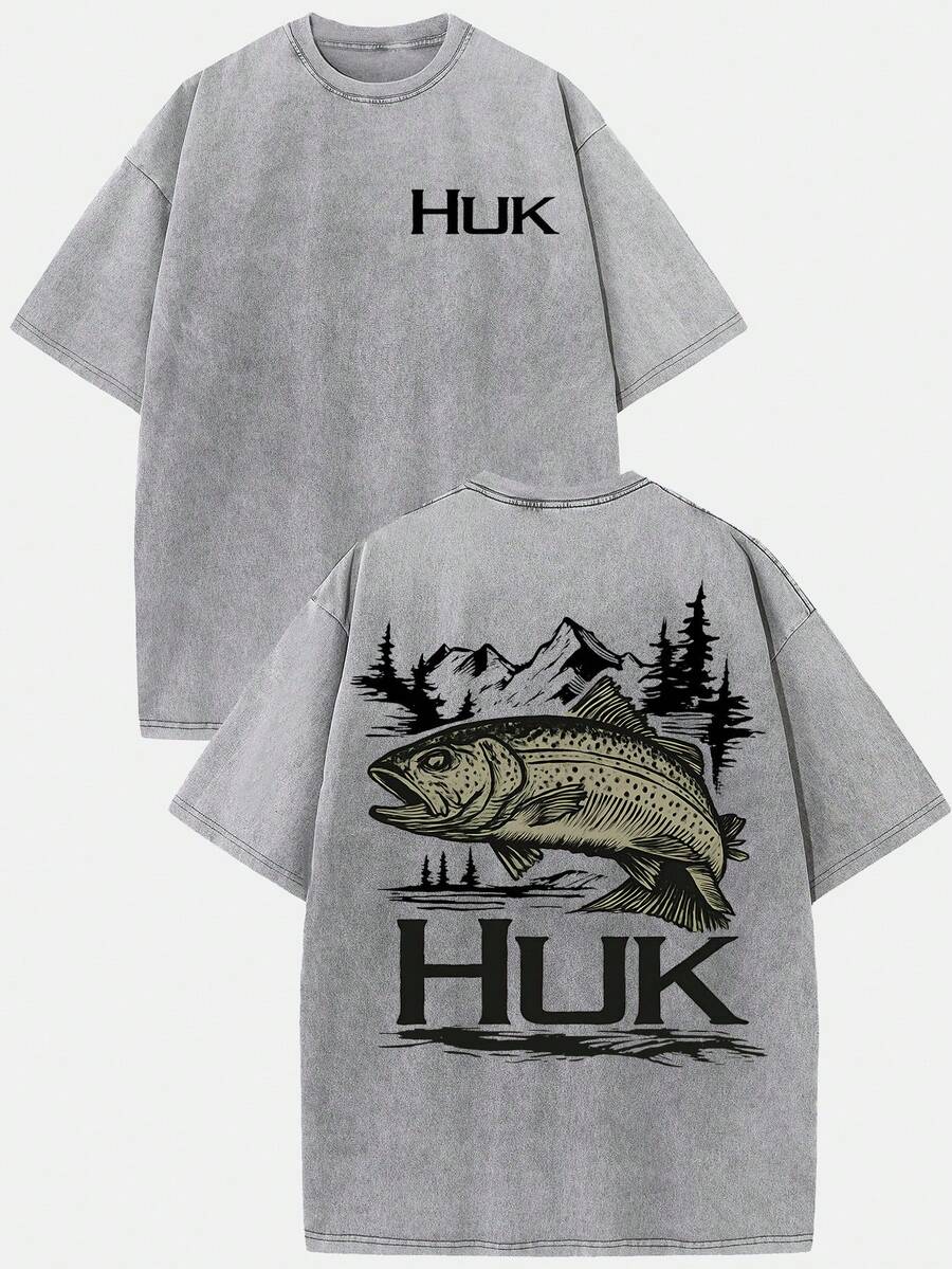 (230g T-Shirt)Men's Distressed Cotton Retro Huk Marlin Graphic Tee, Loose Casual Crewneck Short Sleeve, Breathable Vintage Fishing Top & Christmas Gift Option - Grey - View 1