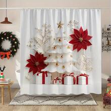1Pc Red Poinsettia & Golden Christmas Tree Shower Curtain With 12 Hooks - Fabrics Thick, Non-Transparent, And Provides Privacy, White Background Holiday Bathroom Decor, Very Suitable For Room Partition Curtains, Bathroom Dry And Wet Separation Curtains, Elegant Festive Bath Curtain For Christmas Decorations