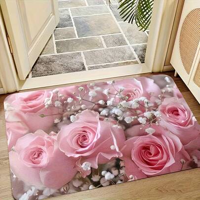 1pc Pink Roses Pattern Non-Slip Flannel Floor Mat With PVC Bottom, Rubber And Non-Woven Flower Design Indoor Carpet, Suitable For Foyer, Corridor, Bedroom, Living Room, Laundry Room, Washable Area