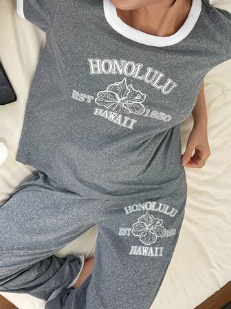 2pcs Women Sleepwear Set, Featuring Ribbed Trim Crew Neck T-Shirt With Graphic Print And Pants, Comfortable Casual Loungewear