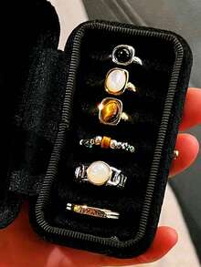 6pcs/Set Vintage Elegant Colorful Gemstone & Rhinestone Inlaid Tiger Eye Stone Women's Ring Set, Holiday Jewelry