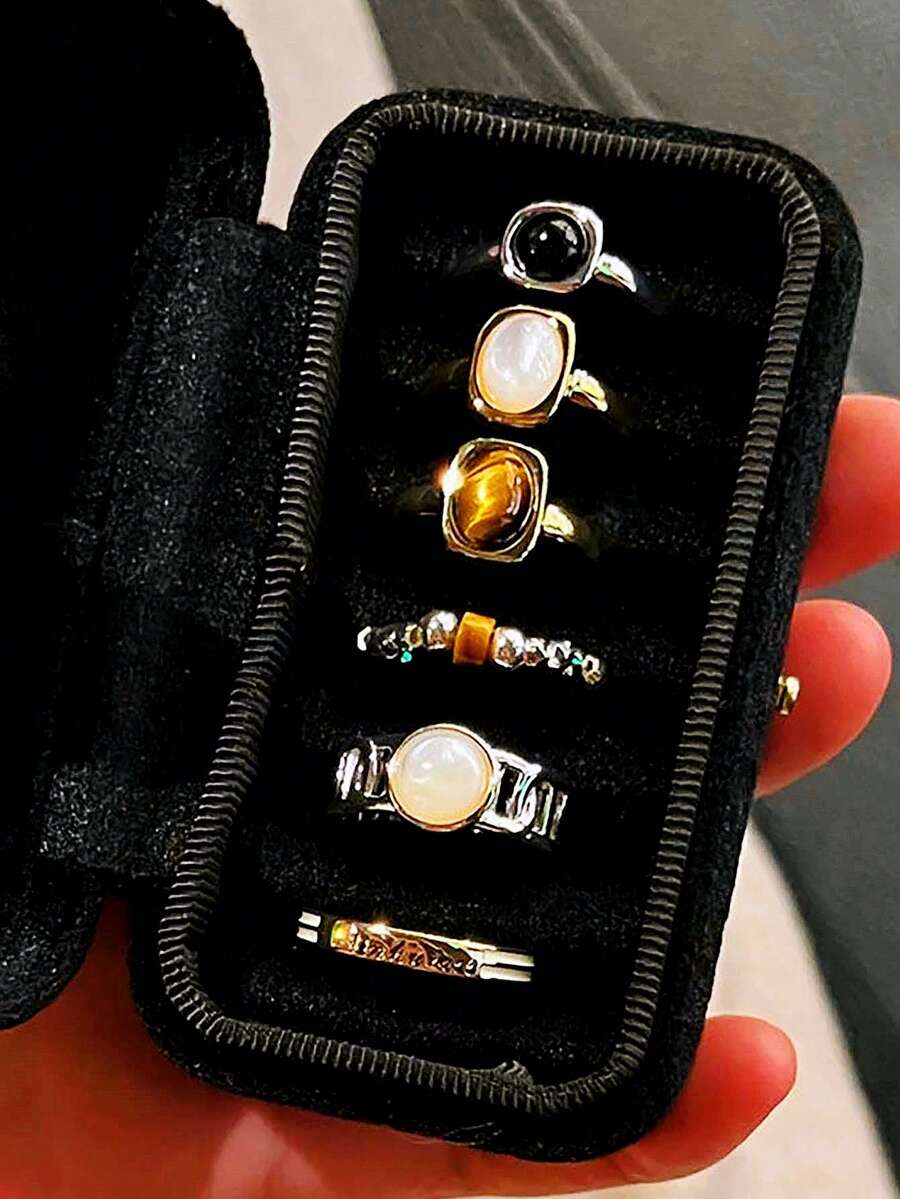 6pcs/Set Vintage Elegant Colorful Gemstone & Rhinestone Inlaid Tiger Eye Stone Women's Ring Set, Holiday Jewelry
