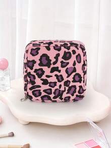 1 Women's Corduroy Leopard Print Menstrual Bag, Classic Mini Makeup Bag, Multi-Color Corduroy Leopard Print Sanitary Napkin Storage Bag, Portable Menstrual Bag, Zipper Sanitary Napkin Bag