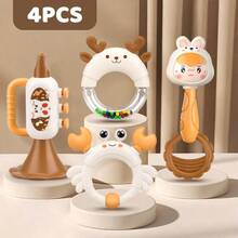 2/4/5pcs Children Dinosaur Rattle Toys With Teether - Sensory Development & Motor Skills Educational Toys, Mixed Color Baby Rattles Set With Bells, Horns And Teethers - Suitable For Newborns And Toddlers