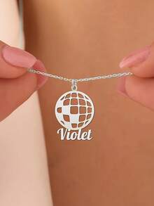 1 pieza Collar con colgante de bola de discoteca personalizada - Colgante de acero inoxidable dorado con grabado personalizado "Púrpura", joyería de estilo vintage para festivales de música y bares de karaoke, estilo de moda hip hop