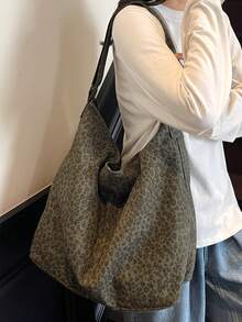 时尚大容量橄榄绿豹纹水洗复古帆布托特包，简约休闲百搭拉链开合单肩包，适合日常使用、上学、短途旅行、街头风格，可折叠拼布斜挎包，休闲流浪包，户外露营邮差包 - 墨綠色 - 查看 11