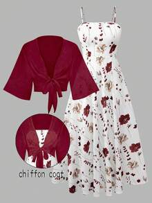 Women's Elegant Ditsy Floral Chiffon Dress With Shawl, 2 Pieces Set
