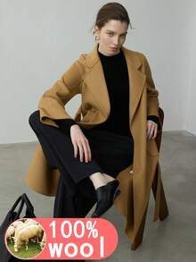 25款新款女士100%纯羊毛长款大衣，时尚百搭双面羊毛大衣，保暖外套，优雅女士冬季夹克 - 駝色 - 查看 4