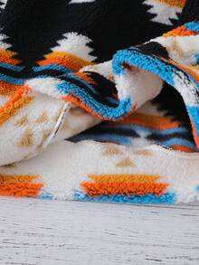 Felpa con cappuccio casual in pile spesso con motivo geometrico totemico, adatta per uscite casual, shopping, inverno