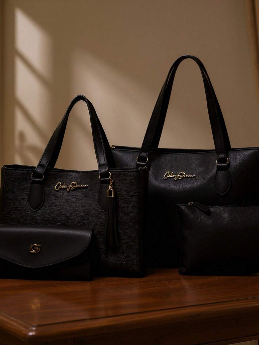 Kit 4 Anjik Medium Women's Bags + Wallet + Tote Bag + Toiletry Bag, Zipper Closure, Synthetic PU, Everyday Bag, Luxurious, Elegant, Party, Work, School, University. Gaby Show - 黑色 - 查看 1