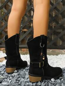 Botas de vaquera con cuentas para mujer, estilo europeo y americano, nueva moda otoño/invierno 2025 con hebilla y tacón grueso, punta afilada, botas de vestir