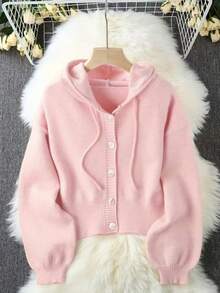 Women's Casual Solid Color Front Button Long Sleeve Drawstring Hooded Knit Cardigan, Autumn/Winter - Baby Pink - View 3