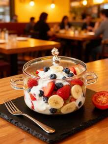 1PC高硼硅玻璃双耳炖锅-0.35/1.6L大容量+耐高温高硼硅玻璃双耳炖锅-心形熊柄家用煲汤煮奶简约风格透明锅身圆形耐热双耳适用于明火微波炉