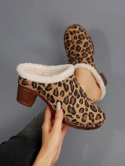 Women's Retro Faux Fur Mule Slippers, Leather Upper + Warm Faux Fur Trim + White Stitching + Chunky Heel Design, Vintage Casual Style For Daily Commute, Shopping, Versatile Outfits, Comfortable & Fashionable Bestseller, Casual Faux Fur Lining