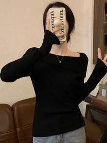 Áo len dệt kim cắt ngẫu nhiên, vai trần, thiết kế độc đáo, cổ áo tôn dáng, đa năng cho mùa thu, xuân. - màu đen - Xem 2