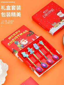 圣诞甜点勺礼盒套装，用于创意搅拌咖啡和甜点的不锈钢勺子，圣诞勺子礼品套装，一套非常好的圣诞餐具，适合圣诞派对、聚会和送礼的绝佳礼物。