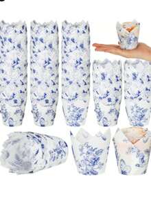 200 Pcs Chinoiserie Blue White Flower Tulip Cupcake Liners Paper Mini Baking Cups Cupcake Wrappers Muffin Liners For Wedding Tea Party Bridal Baby Shower Decoration