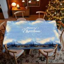 1pc Christmas Atmosphere Tablecloth, "Snowy Mountain Village Starry Sky" & "Merry Christmas" Letter Blue Tablecloth, Polyester Fabric, Lace Edging, Rectangular And Round, Multi-Size Suitable For Indoor And Outdoor - Kitchen, Dining Room Decor, Ideal Christmas Gift, Dinner Party, Picnic, Home & Kitchen Decoration