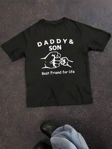 T-Shirt, Daddy & Son Graphic Print Short Sleeve Crew Neck Tees For Summer, Casual Outdoor Comfy Clothing - 黑色 - 查看 1