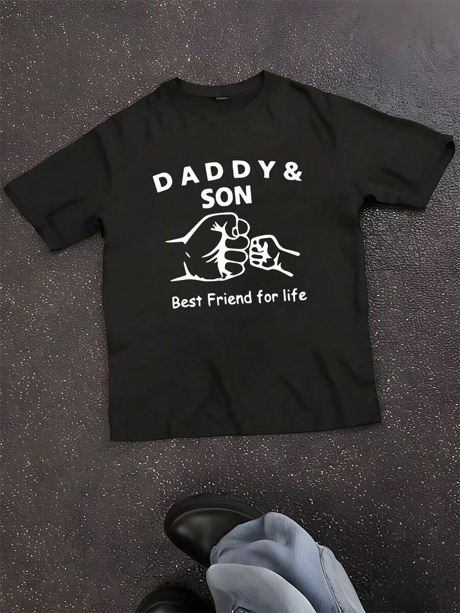 T-Shirt, Daddy & Son Graphic Print Short Sleeve Crew Neck Tees For Summer, Casual Outdoor Comfy Clothing - 黑色 - 查看 1