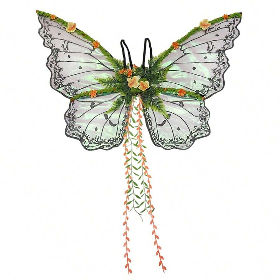 Fairy Wings With Green Leaves And Flowers, Butterfly Wing Cosplay Costume Accessory For Women Girls - Black - View 1