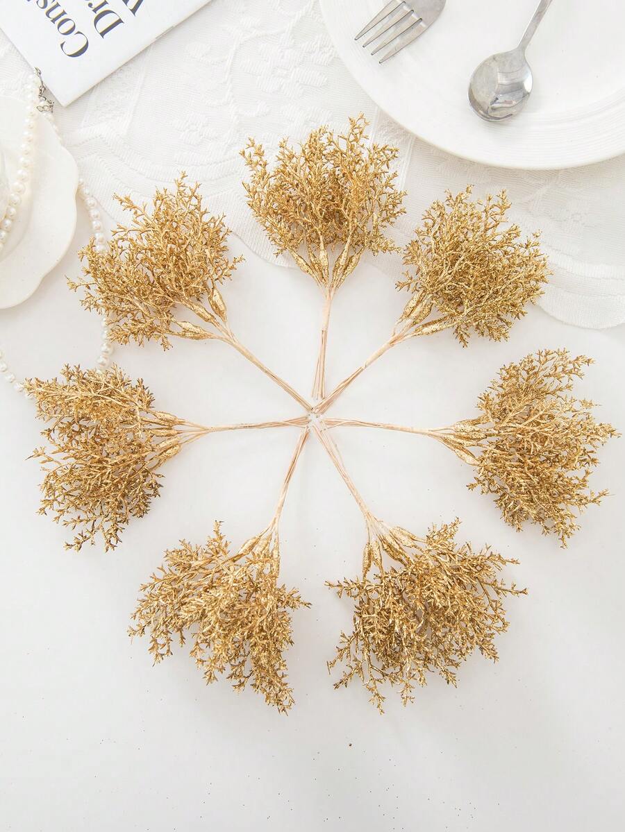 1束（6个头）人造植物，迷你尤加利叶字母，花束DIY，花环材料，糖果盒配件，家居及婚礼装饰，新娘腕花，胸花，头饰材料，情人节礼物，新年装饰，生日派对蛋糕装饰，家居装饰，圣诞装饰，房间装饰 - 金色 - 查看 1
