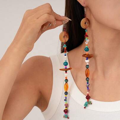 1 Pair Vintage Resin Round Natural Stone & Seed Bead Dangle Earrings, Suitable For Women Party & Gift Jewelry