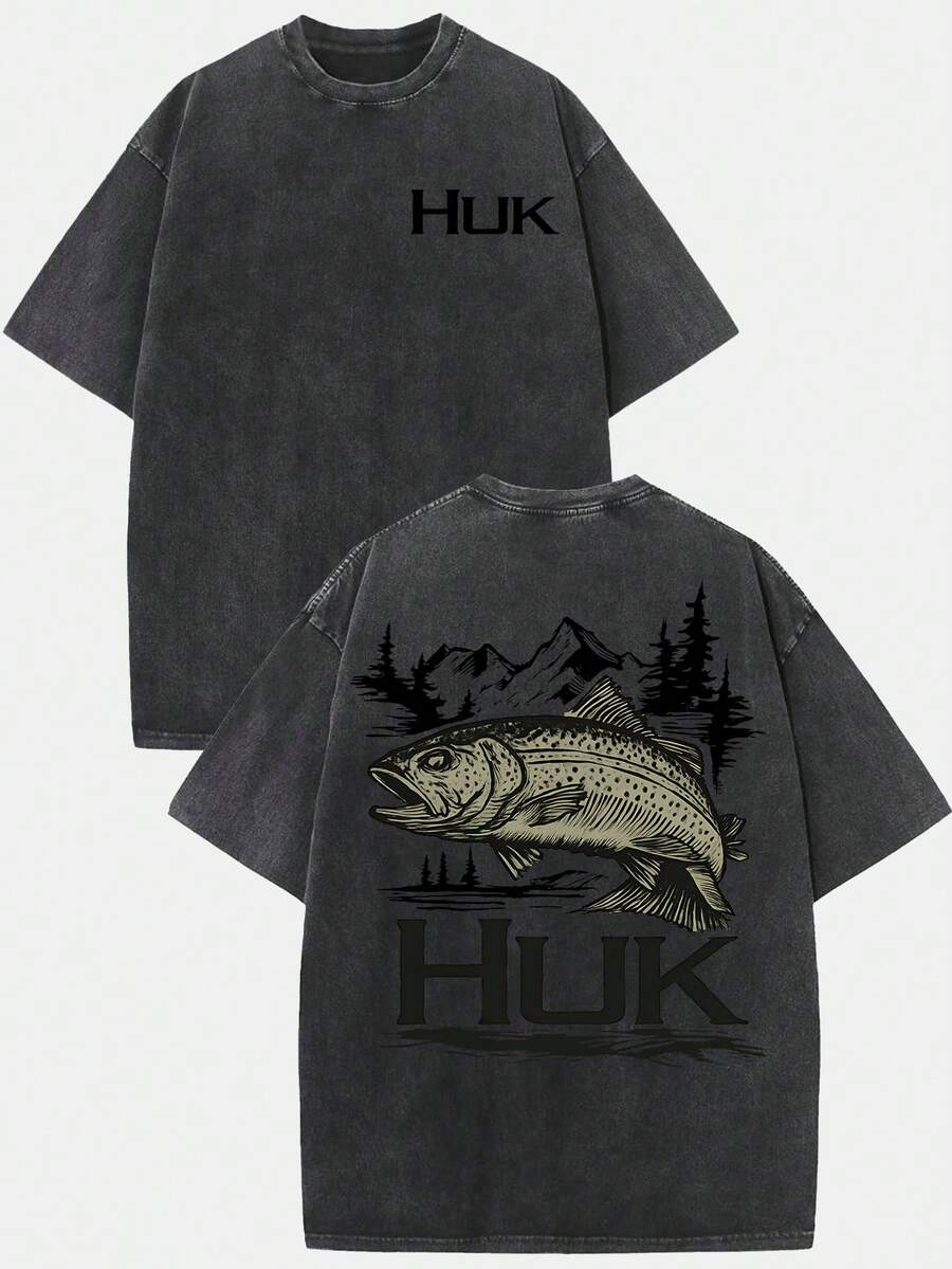 (230g T-Shirt)Men's Distressed Cotton Retro Huk Marlin Graphic Tee, Loose Casual Crewneck Short Sleeve, Breathable Vintage Fishing Top & Christmas Gift Option - Black - View 1