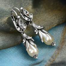 2-Piece Set, Fashionable Women's Vintage Flower Imitation Pearl Lily Pendant Synthetic  Leaf Metal Antique Bronze Earrings For Daily Party Gift - hoa bạc - Xem 9