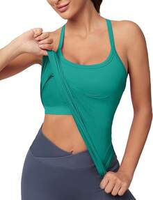 Workout Tops Women With Built In Bra, Sleeveless Gym Tops Seamless Racerback Athletic Yoga Shirts, Activewear - 雲杉綠 - 查看 11