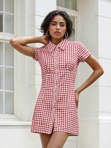 Women Plaid Shirt Dress Slim Fit Collared Short Sleeve Button-Up A-Line Mini Dress Casual Summer Streetwear - 紅色 - 查看 10