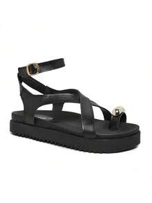 Sandals With Cross Straps, Summer Flat Sandals, Toe Decoration - 黑色 - 查看 3