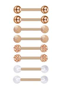 8pcs Stainless Steel Barbell Nipple Tongue Ring Set, Sparkling CZ Inlaid 14G Body Piercing Jewelry, Suitable For Daily Wear - 8-piece Set - View 6