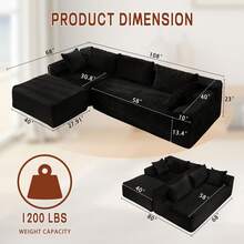 KORSER 108" Sectional Couches For Living Room, Modular Sectional Sofa With L-Shape Chaise, Cloud Couch Sectional, Comfy Corduroy Fluffy Couch With Deep Seat And Side Pockets, No Assembly Required - màu đen - Xem 2