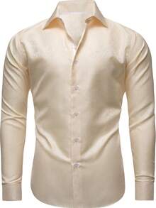 Mens Shirt Long Sleeve Royal Champagne Solid Shirts Regular Fit Button Tops Wedding Formal Casual Office Suit Coats - Rượu sâm banh - Xem 6