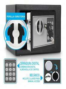 Pequeña caja fuerte de seguridad electrónica con código digital y llave, incluye 2 llaves, soporte de pared y batería, apta para hogar, oficina, hotel - Negro - Ver 3
