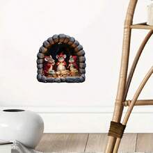 ملصق حائط زخرفي لعيد الميلاد قطعة واحدة، لوحة فنية جدارية لمشهد عطلة الفأر ذي الرداء الأحمر للمنزل وغرفة المعيشة والنوم والمطبخ، ملصق ذاتي اللصق للفأر الجميل والشموع والطعام